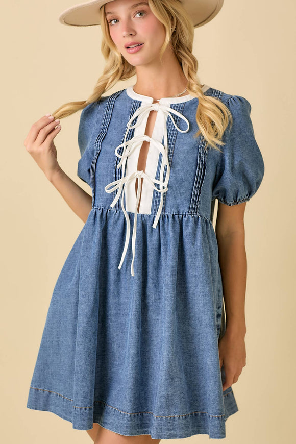 Round Neck Baby Doll Mini Denim Dress