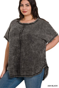 PLUS SIZE Washed Baby Waffle Short Sleeve Top