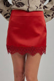 SATIN TEXTURE MINI SKIRT WITH EYELASH LACE AND SHORTS LINING