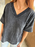 Black Mineral Wash V-Neck Top