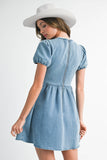 ND0002 Bow lace puff Mini Denim Dress