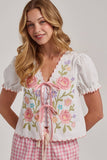 FLORAL EMBROIDERED TIE FRONT SHORT SLEEVE TEXTURED WOVEN TOP