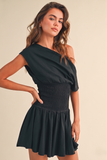 ID9559  OFF SHOULDER SMOCKED WAIST MINI DRESS
