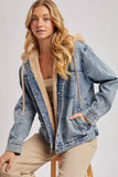 BUTTON DOWN FAUX FUR HOODED DENIM JACKET