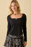 Square Neck Pointell Knit Top With Ribbon Bow