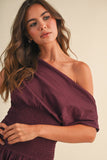 ID9559  OFF SHOULDER SMOCKED WAIST MINI DRESS