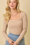 Square Neck Pointell Knit Top With Ribbon Bow