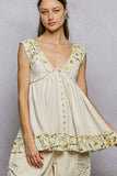 V-neck Thermal Lace Contrast Ruffle Floral Print Sleeveless