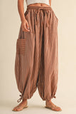 IP1530-B STRIPED DOUBLE GAUZE CONTRAST POCKET BALLOON PANTS