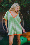 R5596A Striped Knit Binding Details V-neck Romper