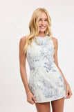 TOILE PRINT DENIM BOAT NECK CASUAL MINI DRESS
