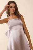 CD06457-Back Oversized Bow Detail Satin A Line Mini Dress