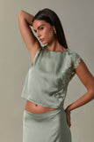 SLEEVELESS HIGH NECK LACE TRIM CROP TOP