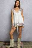V-neck Thermal Lace Contrast Ruffle Floral Print Sleeveless