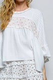 Floral Panel Textured Knit Ruffle Sleeve Oversized Top