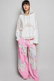 Mixed-Fabric Feminine Look Floral Lace Trim Long Sleeve