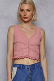 V-Neck Sleeveless Lace Ribbed Knit Top