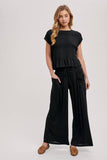 RELAXED KNIT SMOCKED TOP AND WIDE PANTS SET
