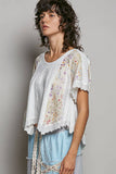 Round Neck Contrast Floral Eyelet Trim Rib Short Sleeve Top