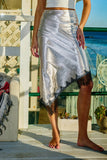 S5813 | Asymmetrical Satin Midi Skirt With Lace Detail
