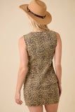 Leopard Printed Denim Snap Button Round Neck Vest