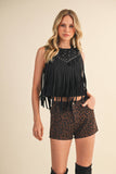 IP1423 LEOPARD PRINTED DENIM SHORTS