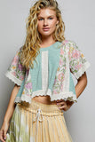 Round Neck Contrast Floral Eyelet Trim Rib Short Sleeve Top