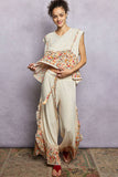 V-neck Floral Pattern Trim Ruffle Rib Knitted Sleeveless Top