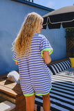 R5596A Striped Knit Binding Details V-neck Romper