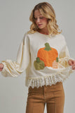 PUMPKIN APPLIQUE FALL THANKSGIVING TOP WITH EYELASH LACE HEM