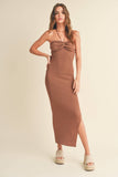RUCHED DETAIL HALTER NECK KNIT LONG SLIT DRESS