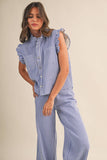 IST6347 STRIPED DENIM RUFFLE OVERSIZE VEST AND WIDE PANTS