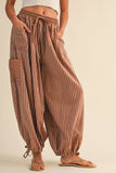 IP1530-B STRIPED DOUBLE GAUZE CONTRAST POCKET BALLOON PANTS