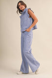 IST6347 STRIPED DENIM RUFFLE OVERSIZE VEST AND WIDE PANTS