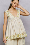 V-neck Thermal Lace Contrast Ruffle Floral Print Sleeveless