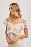 FLORAL PRINT RUFFLE LACE TRIMMED SWEETHEART NECK TOP