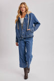 BUTTON DOWN FAUX FUR HOODED DENIM JACKET