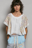Round Neck Contrast Floral Eyelet Trim Rib Short Sleeve Top