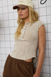 WASHED EXPOSED SEAM HENLEY RIBBED KNIT TOP