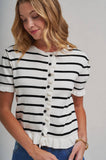 STRIPE KNITTED SWEATER BUTTON DOWN CARDIGAN TOP WITH RUFFLE