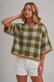 FALL CHECKERED GINGHAM LOOSE FIT DROP SHOULDER SWEATER TOP