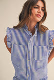 IST6347 STRIPED DENIM RUFFLE OVERSIZE VEST AND WIDE PANTS