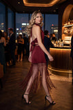 Satin Cowl Halter Top & Maxi Skirt Set with Fringe Detail