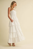 ID8988-B FLORAL EYELET RUFFLE STRAP SMOCKED TIERED MAXI