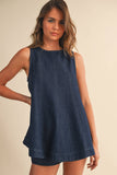 IST6095 DENIM LONGLINE SLEEVELESS TOP AND SHORTS SET