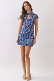CD07359-Floral Vine Mandarin Collar Mini Dress