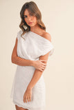 ID8182-A ASYMMETRIC OFF SHOULDER EYELET MINI DRESS