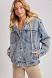 BUTTON DOWN FAUX FUR HOODED DENIM JACKET