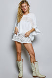 Floral Panel Textured Knit Ruffle Sleeve Oversized Top