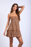 BROWN DITSY FLORAL SMOCKED BUST LACE MINI DRESS